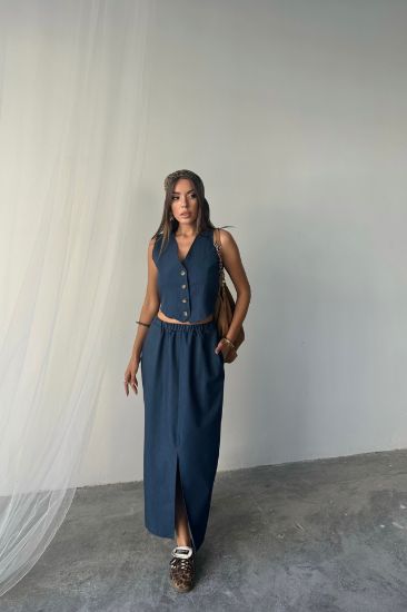 TENCEL YELEK - YIRTMAÇLI ETEK TAKIM - İndigo resmi
